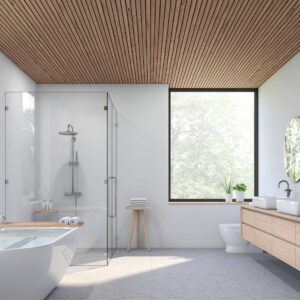 Modern contemporary loft bathroom 3d render.there are concrete tile floor, white wall and wood plank ceiling ,There are large windows look out to see the nature view.