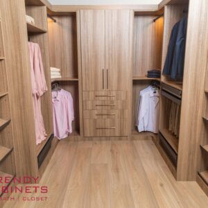Modern walk-in closet cabinet with drawers and hanging space